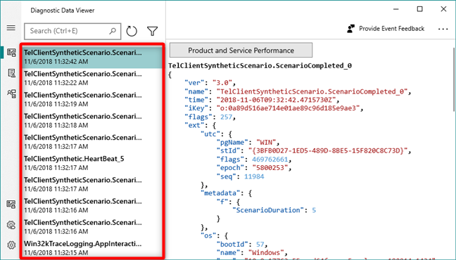 La lista de datos de diagnóstico enviados a Microsoft