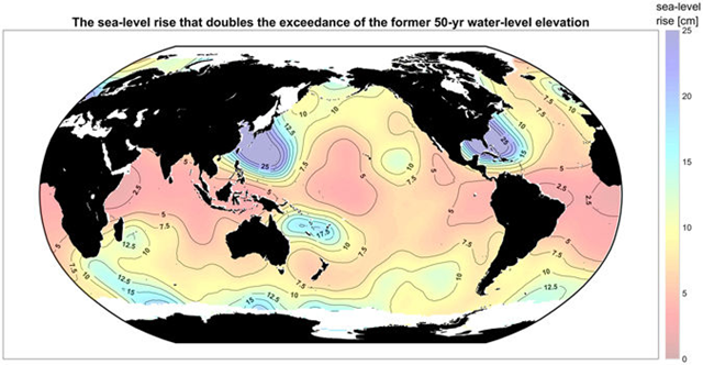 The upper bound of seal level rise (SLR) that doubles the exceedance probability of the former 50-year water level. This SLR is the upper limit of a 95 percent confidence interval based on a Monte Carlo simulation of the GEV parameter estimates and their associated confidence bands. Red areas represent regions particularly vulnerable to small amounts of SLR. Graphic: Vitousek, et. al, 2017 / Scientific Reports