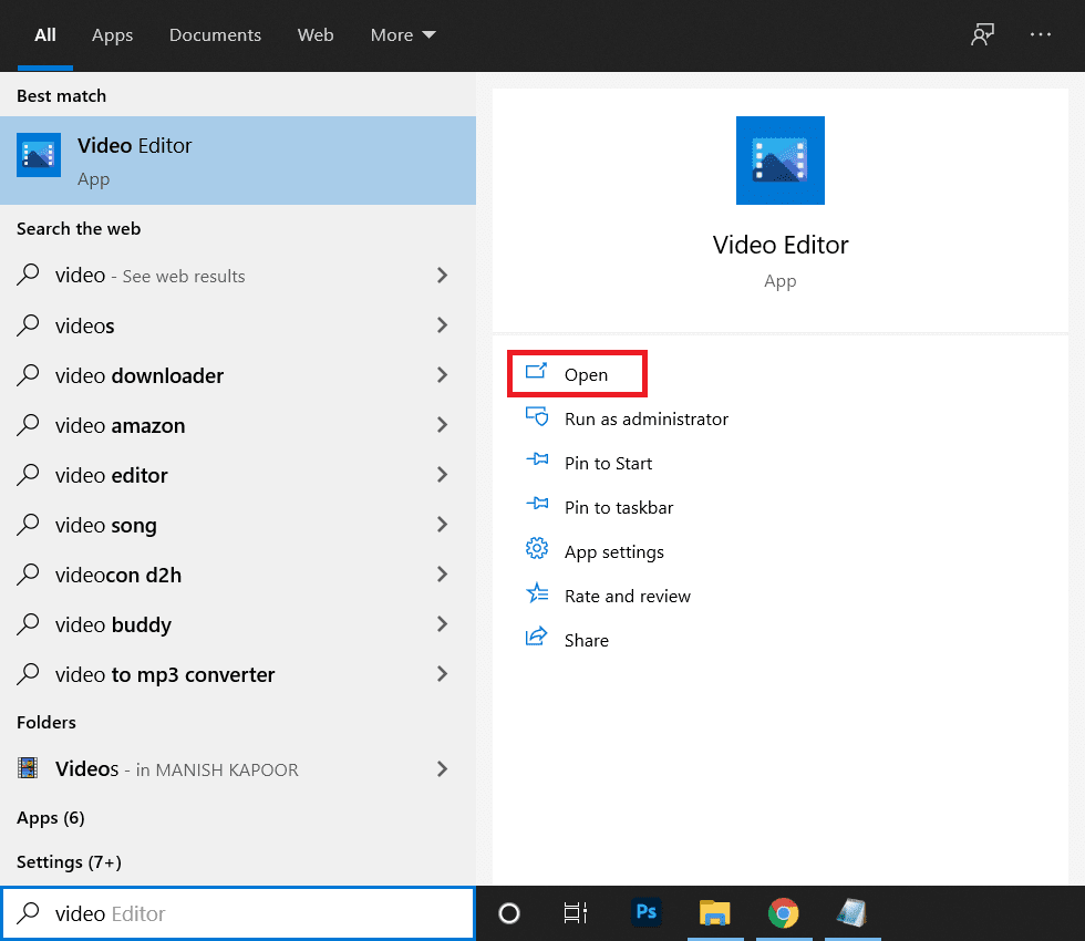 tapez Video Editor et appuyez sur Entrée pour ouvrir l'application |  Comment supprimer l'audio d'une vidéo sous Windows 10 ?