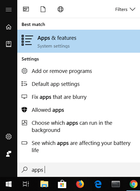 Ve Windows Search zadejte Aplikace a funkce.  Jak opravit, že Windows 10 nerozpozná iPhone