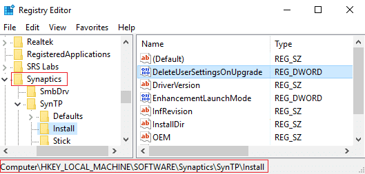 ไปที่ Synaptics แล้วค้นหา DeleteUserSettingsOnUpgrade Key