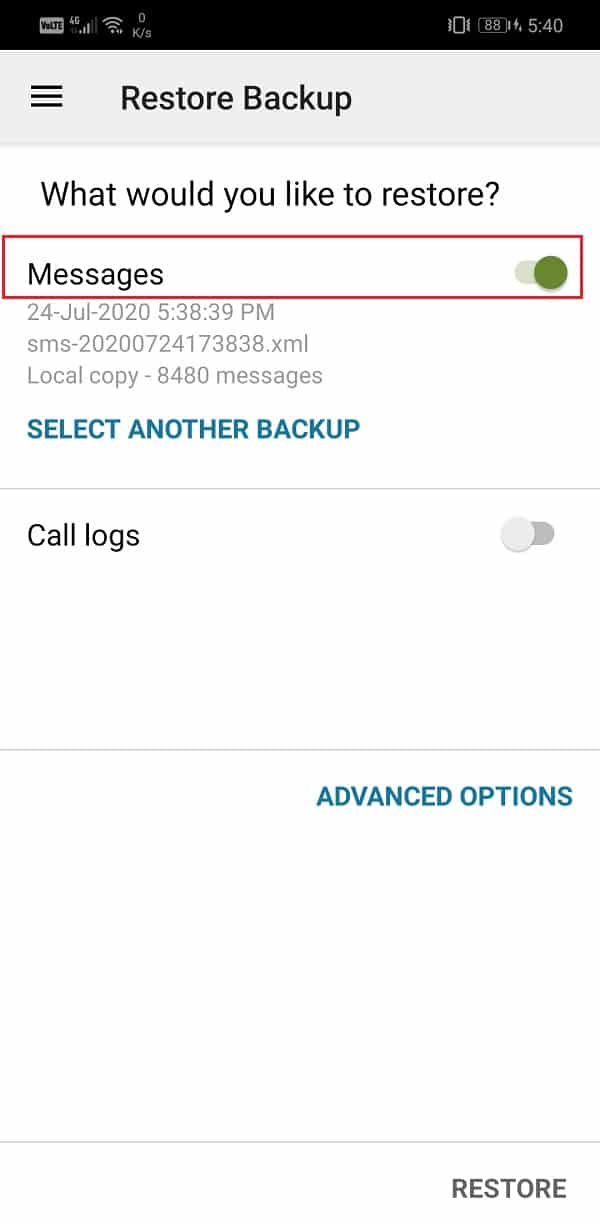 메시지 옵션 옆에 있는 스위치를 켜십시오 |  Android에서 문자 메시지 백업 및 복원
