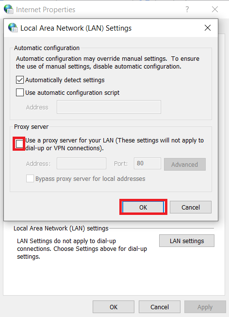 Bỏ chọn Sử dụng máy chủ proxy cho mạng LAN |  Khắc phục mã lỗi 16: Yêu cầu này đã bị chặn