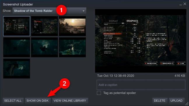 แสดงบนดิสก์ใน Steam Screenshot Uploader