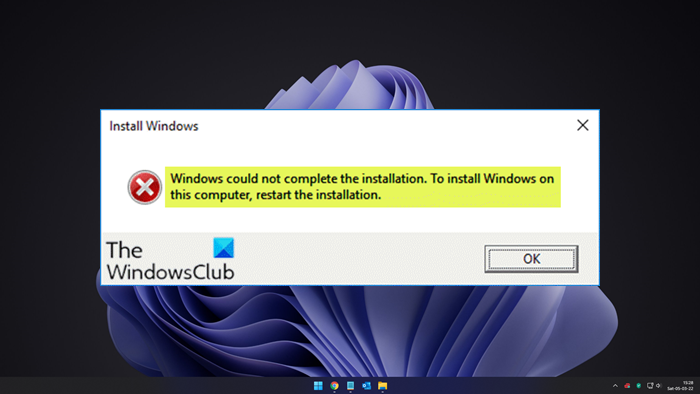 Windows no pudo completar la instalación.  Para instalar Windows en esta computadora, reinicie la instalación.