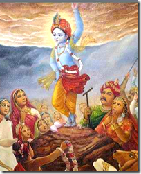 [Krishna lifting Govardhana Hill]