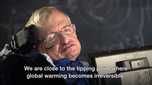 Stephen Hawking speaks with BBC News during his 75th birthday celebrations, on 2 July 2017. 'We are close to the tipping point where global warming becomes irreversible. Trump's action could push the Earth over the brink, to become like Venus, with a temperature of two hundred and fifty degrees, and raining sulphuric acid.' he told BBC News. Photo: BBC News