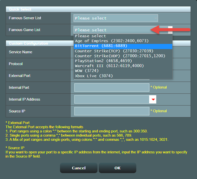 Voeg de standaard BitTorrent port forwarding regels toe