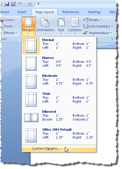 Selezione dei margini personalizzati in Word 2007