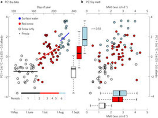 Appearance of red snow coincides with melt predictors on Eklutna Glacier, 2014. a, Daily values for first principal component (PC1) of melt predictors: temperature at 2 m (°C), thawing degree-day sum (DS), and albedo. Colours indicate sub-seasons from hourly interval photography. Trend lines give linear regression… Graphic: Ganey, et al., 2017 / Nature Geoscience