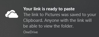 Apparirà la notifica che è stato creato un collegamento univoco |  Introduzione a Microsoft OneDrive su Windows 10