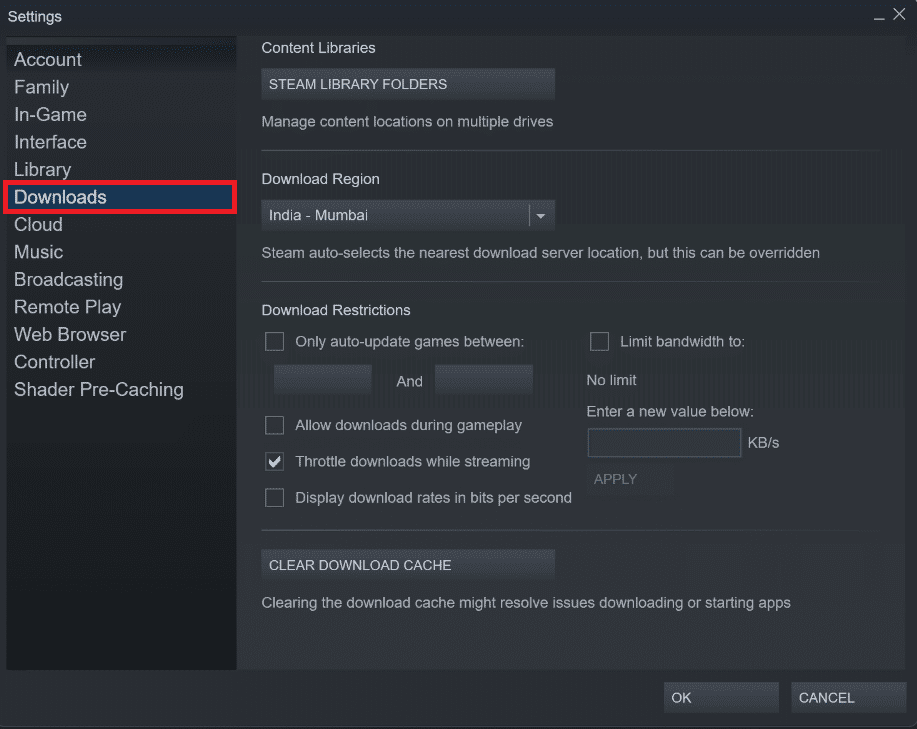 configuración de descargas.  Corrija los privilegios de archivos faltantes de Steam en Windows 10