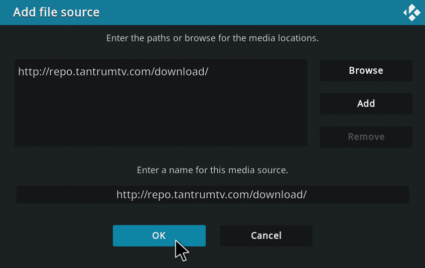 Nyní vložte následující odkaz http://repo.tantrumtv.com/download/ a klikněte na OK.