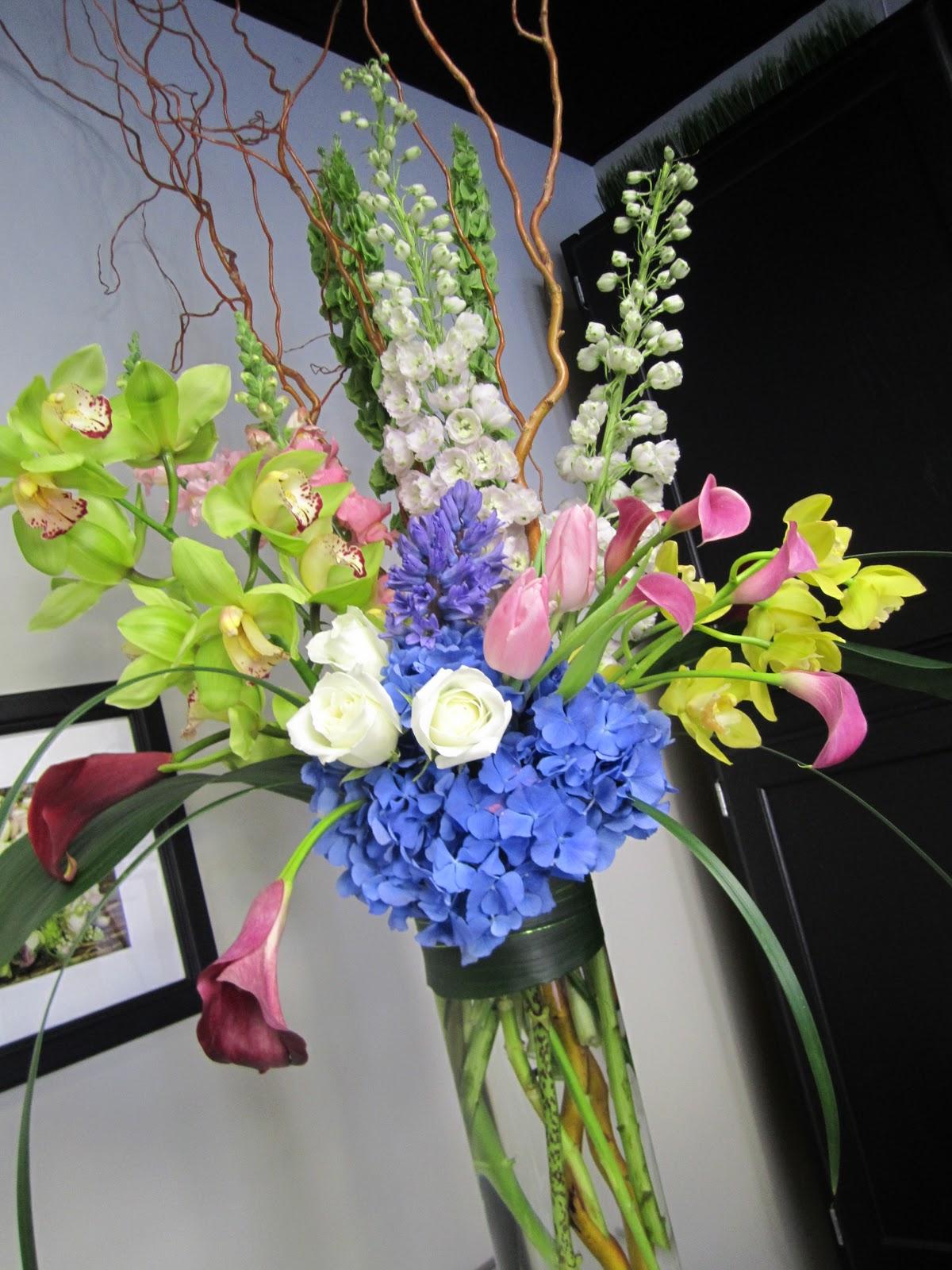 calla lilies, blue hydrangea,