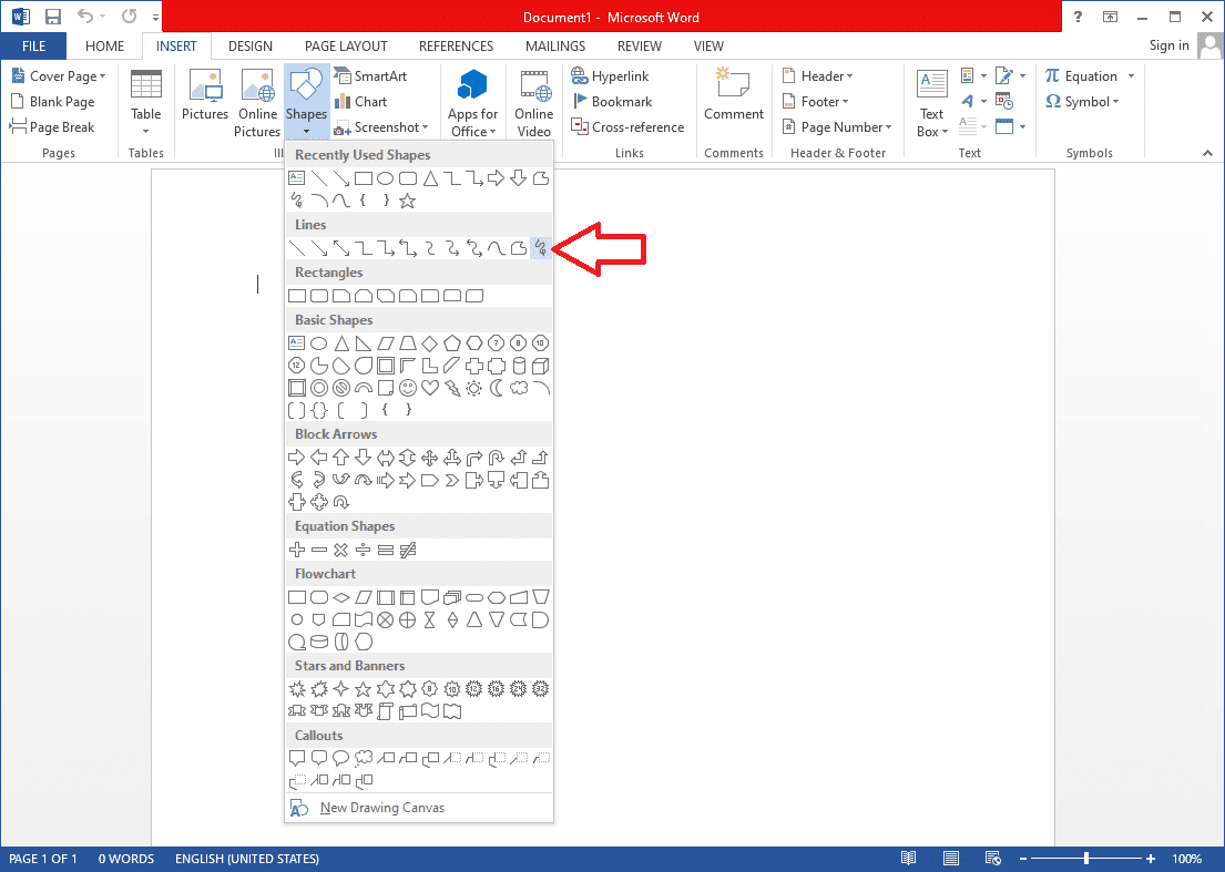 前述のように、Scribble、Linesサブセクションの最後の形状|  MicrosoftWordで描画する