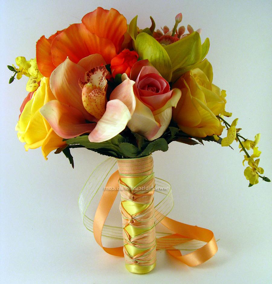 Coral Hibiscus & Green Cymbidium Orchids Bridal Real Touch Bouquet