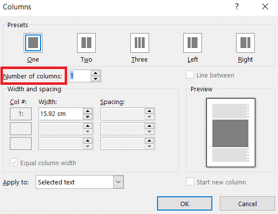 Fare clic sul numero di colonne che si desidera aggiungere.