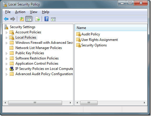 Tùy chọn chính sách bảo mật cục bộ của Windows 7