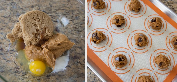 Photo 1: ingredients for flourless almond butter cookies in a bowl Photo 2: scoops of flourless almond butter dough on a baking sheet