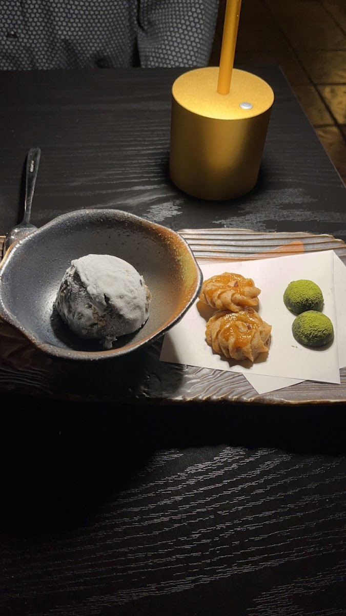 Matcha truffle, black sesame ice cream, miso cookie