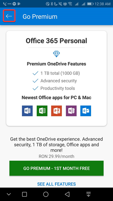 Oferta Go Premium en OneDrive para Android