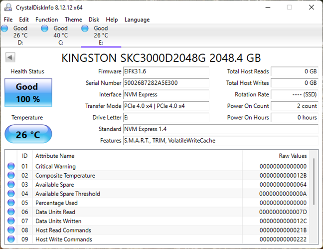 Informations sur le SSD PCIe Kingston KC3000 2 To M.2 NVMe