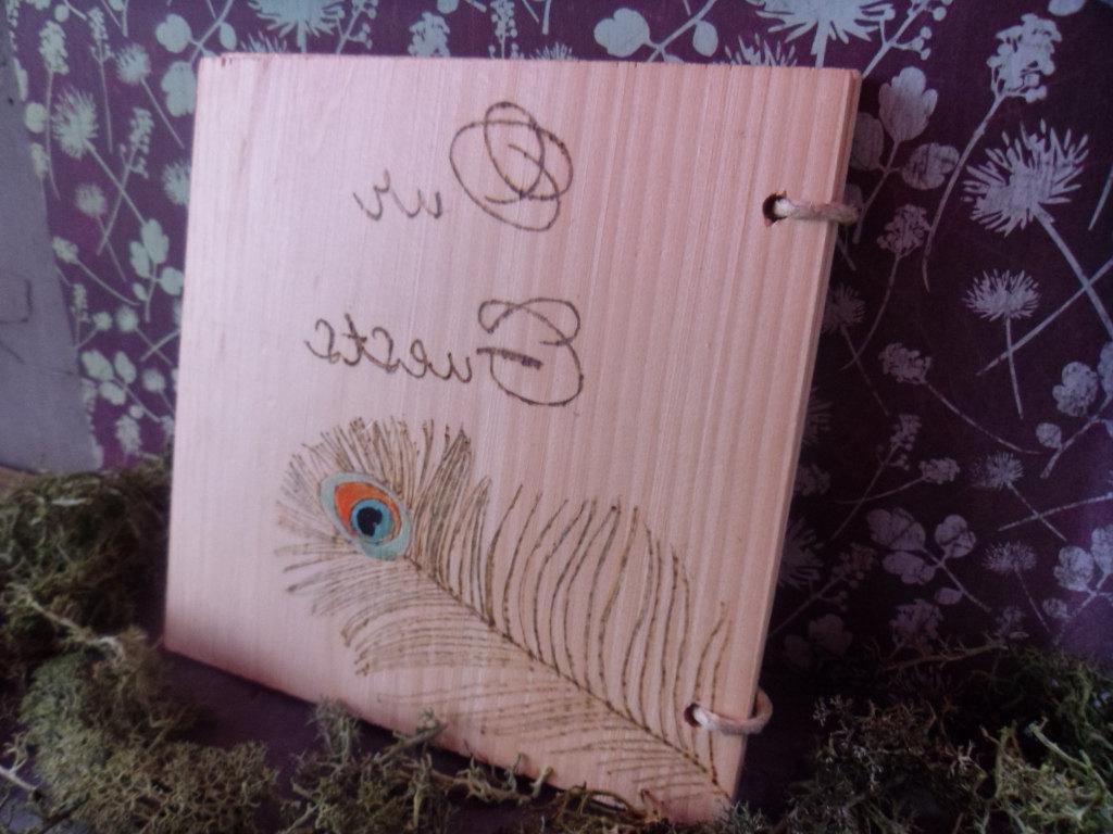 Rustic Wedding Guest Book with Wood Burned and Painted Peacock Feather