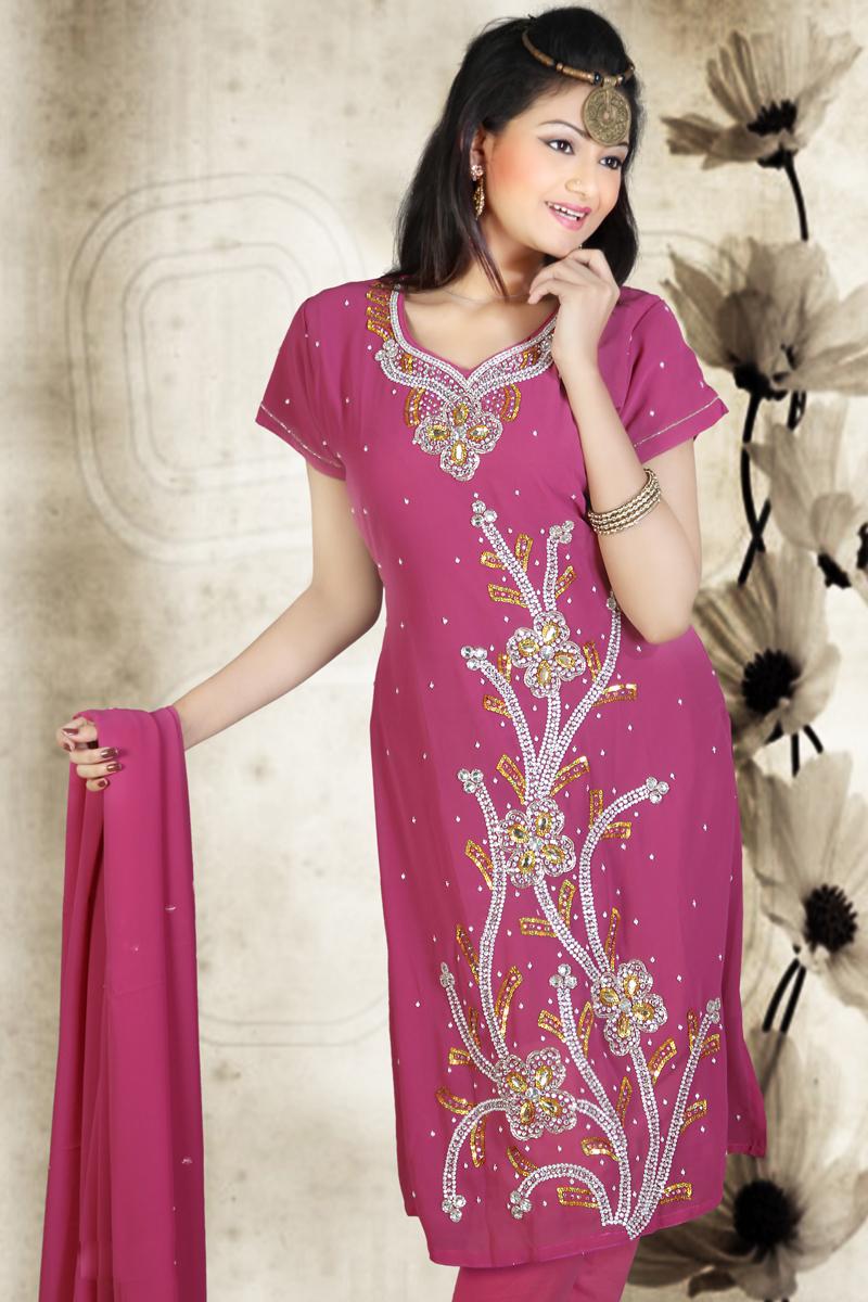 Deep Pink Embroidered Shimmer Georgette Churidar Kameez   43.00