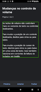 descrição da imagem, tela de novidades do leitor tratando da navegação por textos através de gestos e não mais com as teclas de volume, fim da descrição