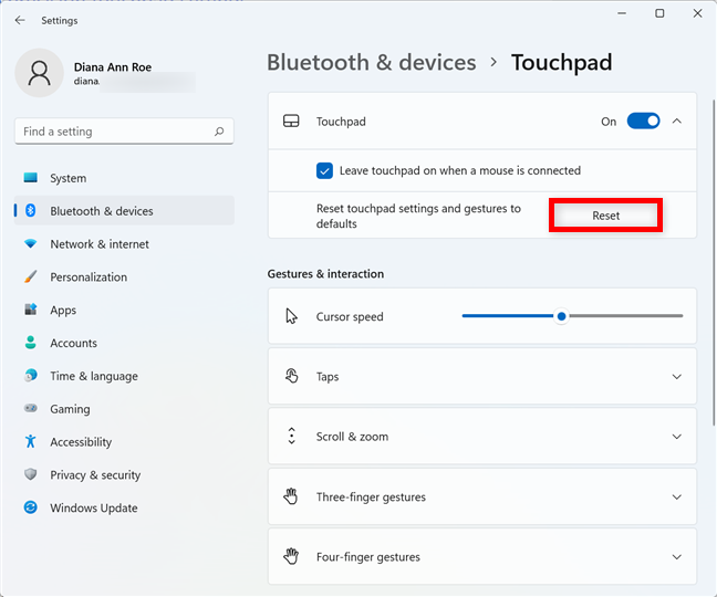 Ripristina le impostazioni del touchpad in Windows 11