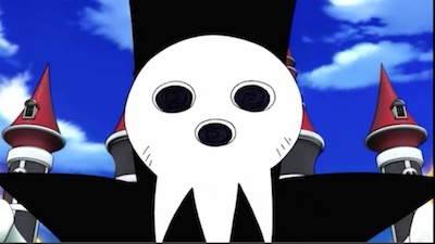 Lord Death: his face is a white mask with two eyeholes, a nose, and three tentacle-like appendages where his mouth would be. He's also wearing a black hat and cape.