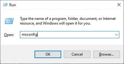[ファイル名を指定して実行]テキストボックスに次のコマンドを入力した後、msconfigをクリックし、[OK]ボタンをクリックします。