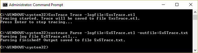 analizzare questo file usando lo strumento sxstrace sxstrace Parse