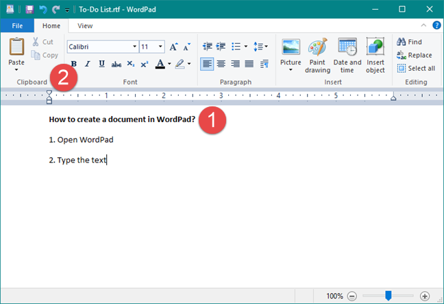 Het tabblad Start in WordPad