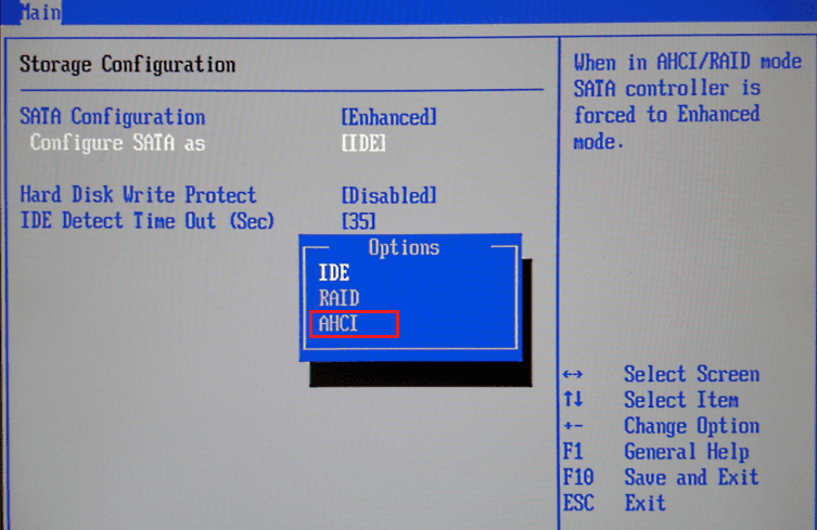 Définir la configuration SATA en mode AHCI