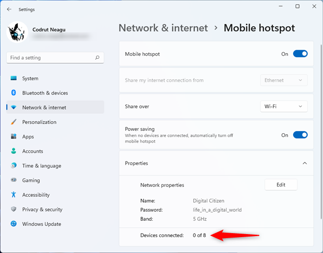 Il numero di dispositivi connessi all'hotspot di Windows 11