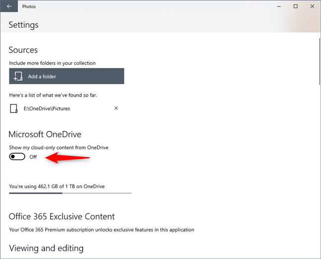 El interruptor Mostrar mi contenido solo en la nube desde OneDrive