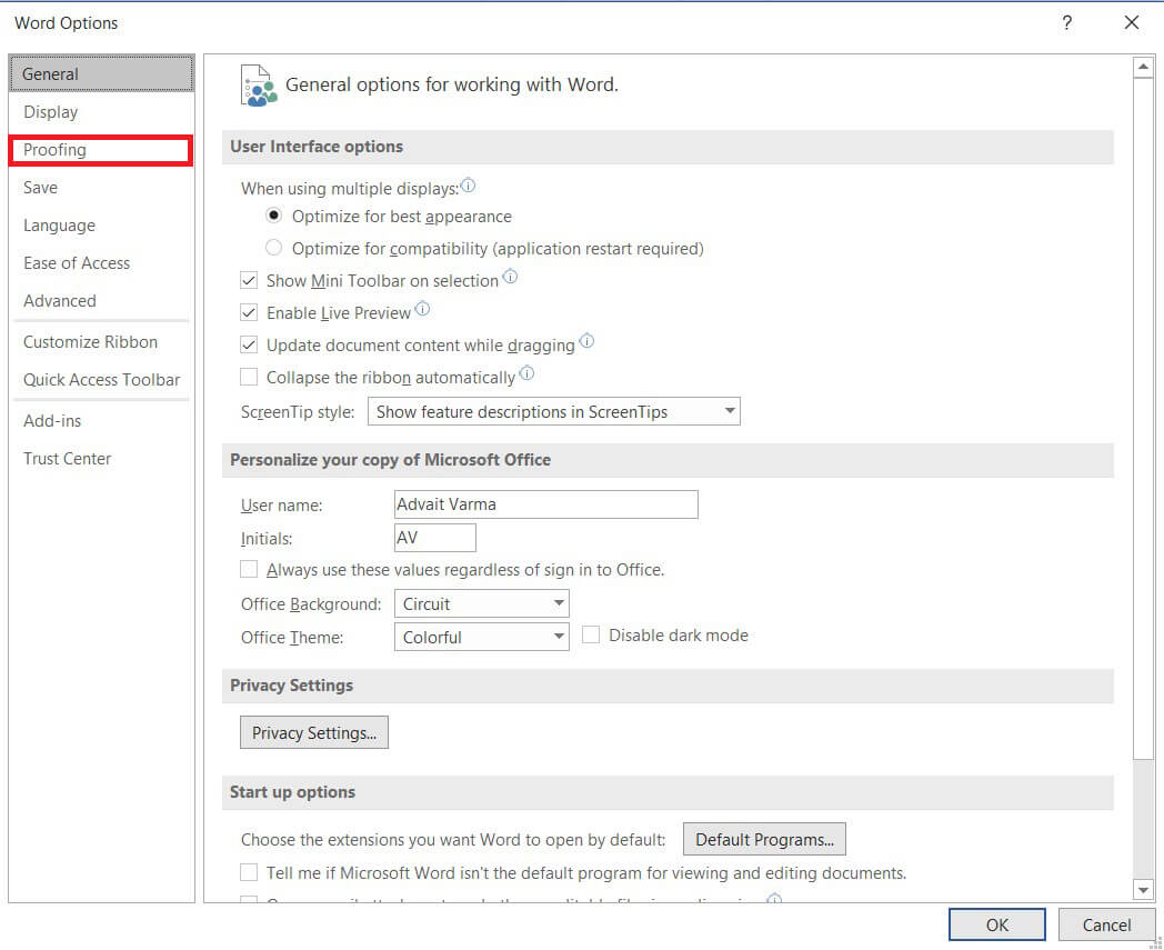 [校正]をクリックして続行します|  MicrosoftWordのスペルチェッカーを無効にする