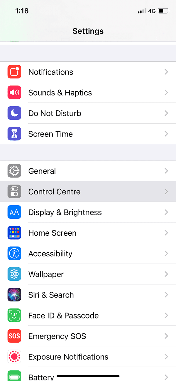 Dirígete a la Configuración en tu iPhone y luego toca el Centro de control