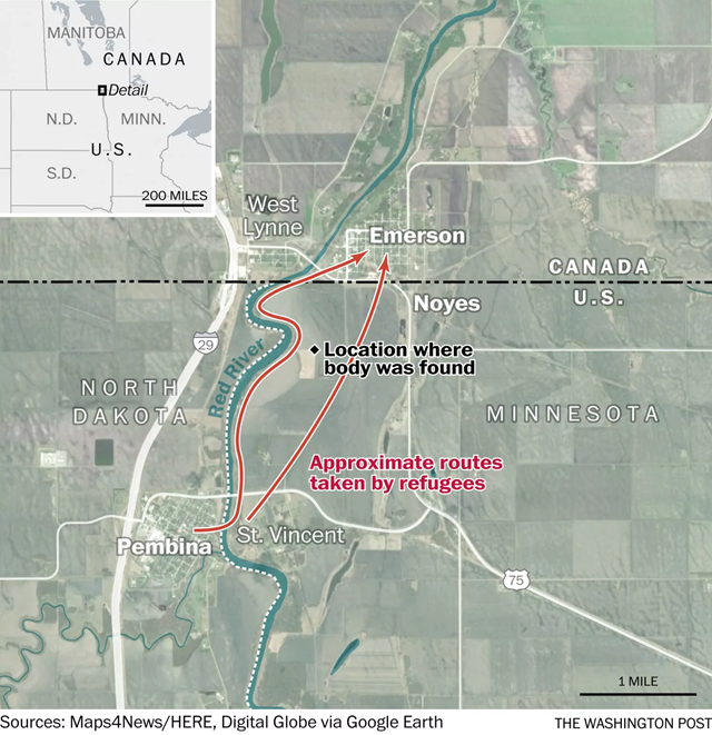 Map of routes taken by refugees fleeing the U.S. for Canada through Minnesota and North Dakota. Graphic: The Washington Post