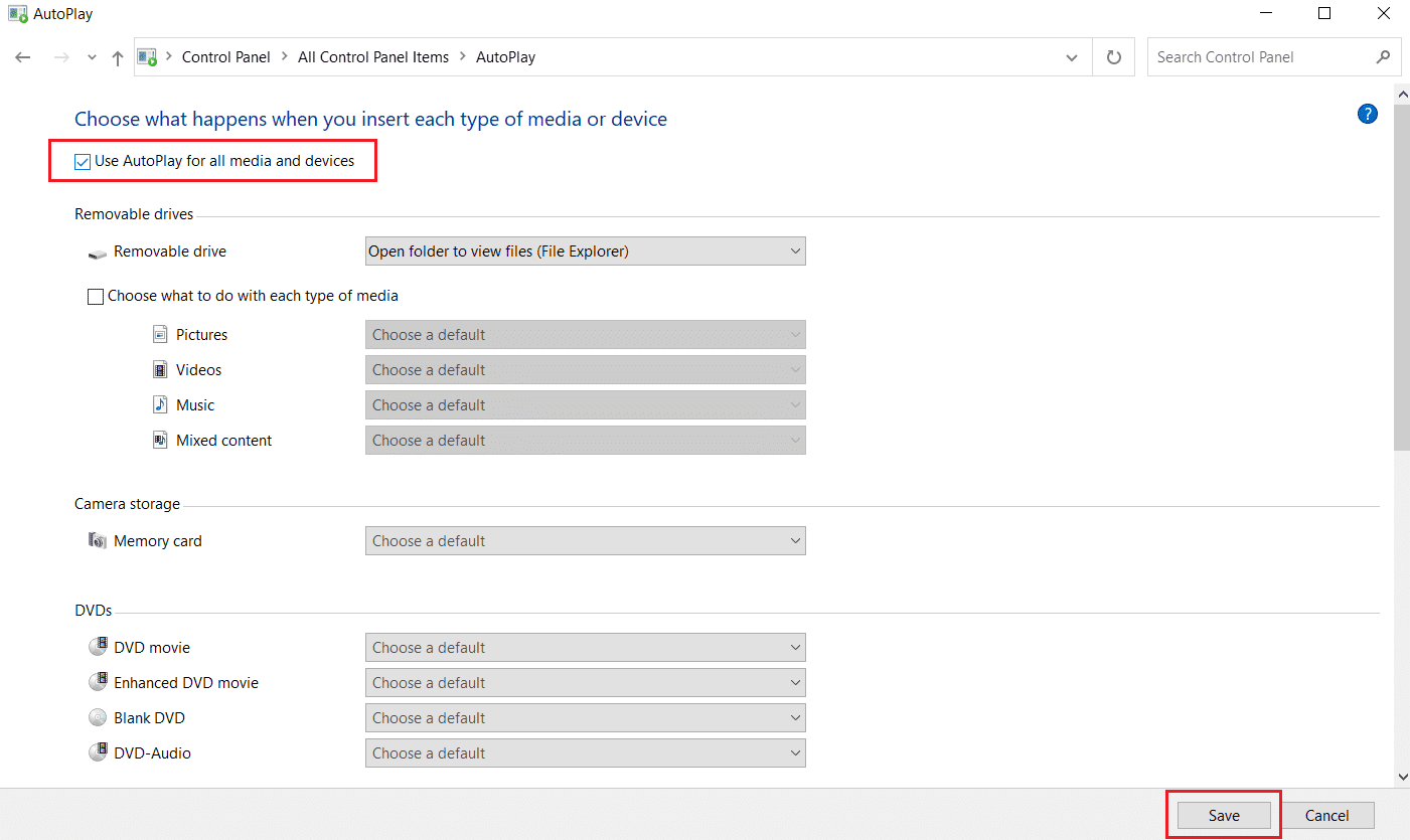 Seleziona Usa AutoPlay per tutti i media e dispositivi e fai clic su Salva.  computer che non riconosce iPhone