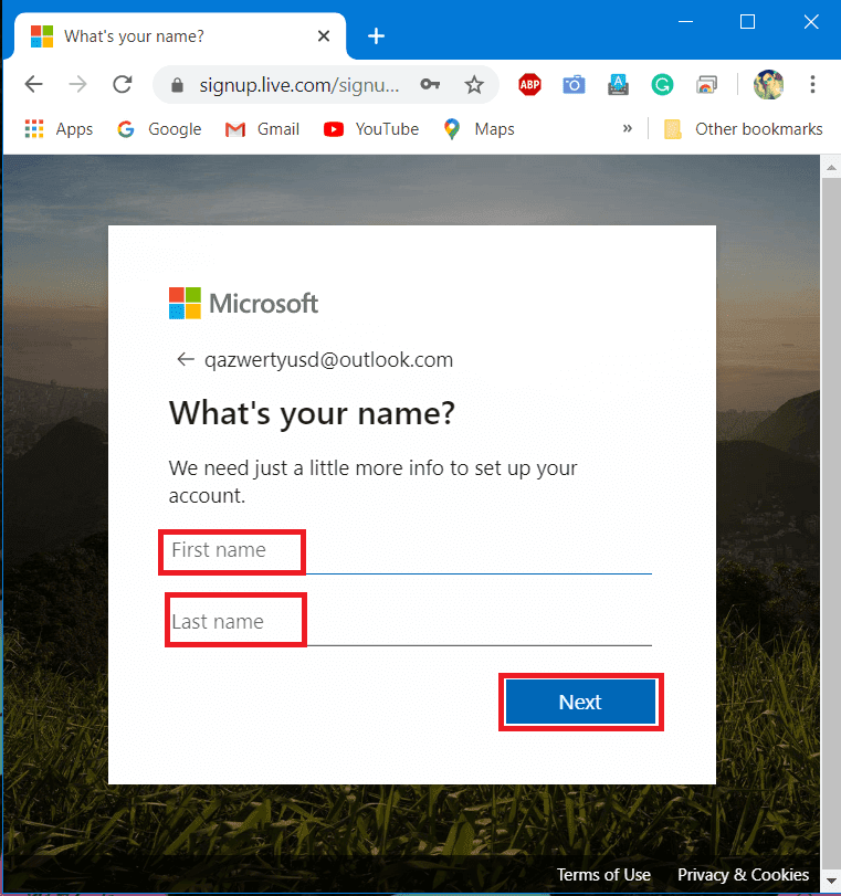 nhập họ và tên của bạn vào nơi được hỏi và nhấp vào Tiếp theo.