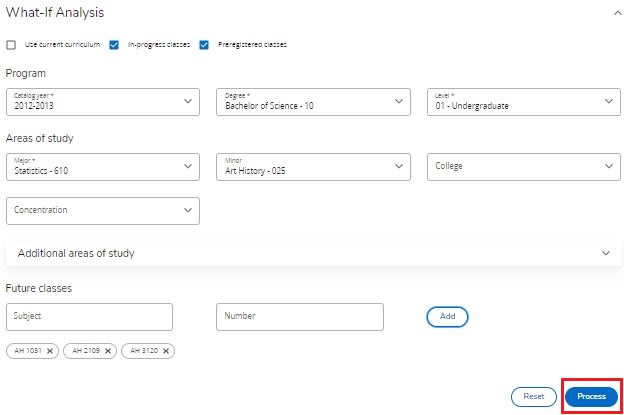 Screenshot depicting What-If process in DegreeMAP