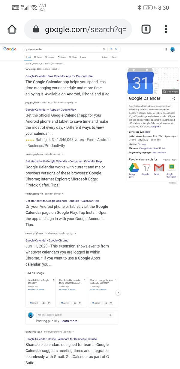 Cerca Google Calendar e apri il suo sito Web |  Risolto il problema con Google Calendar che non funziona su Android
