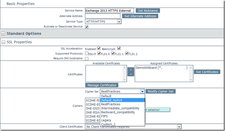 Kemp - SSL settings with template no RC4