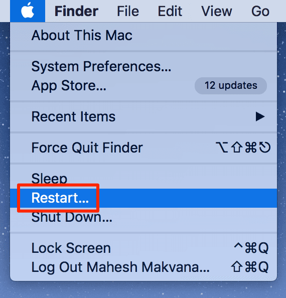 รีสตาร์ทภายใต้เมนู Apple