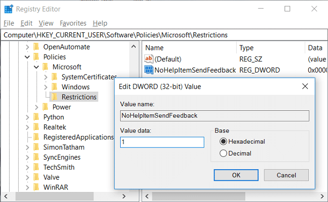 NoHelpItemSendFeedbackをダブルクリックし、値を1に設定して、[OK]をクリックします。