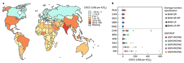 Country-level contributions to the social cost of carbon (SCC), US$ per tCO2. Graphic: Ricke, et al., 2018 / Nature