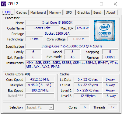 Dettagli CPU-Z sulla CPU Intel Core i5-10600K