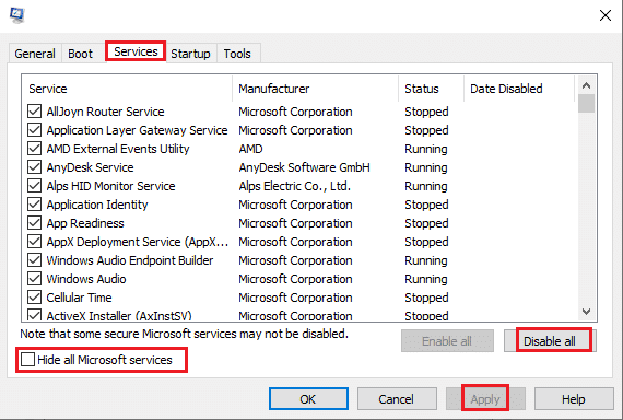 모든 Microsoft 서비스 숨기기 확인란의 선택을 취소하고 창 오른쪽에서 모두 비활성화를 선택합니다.